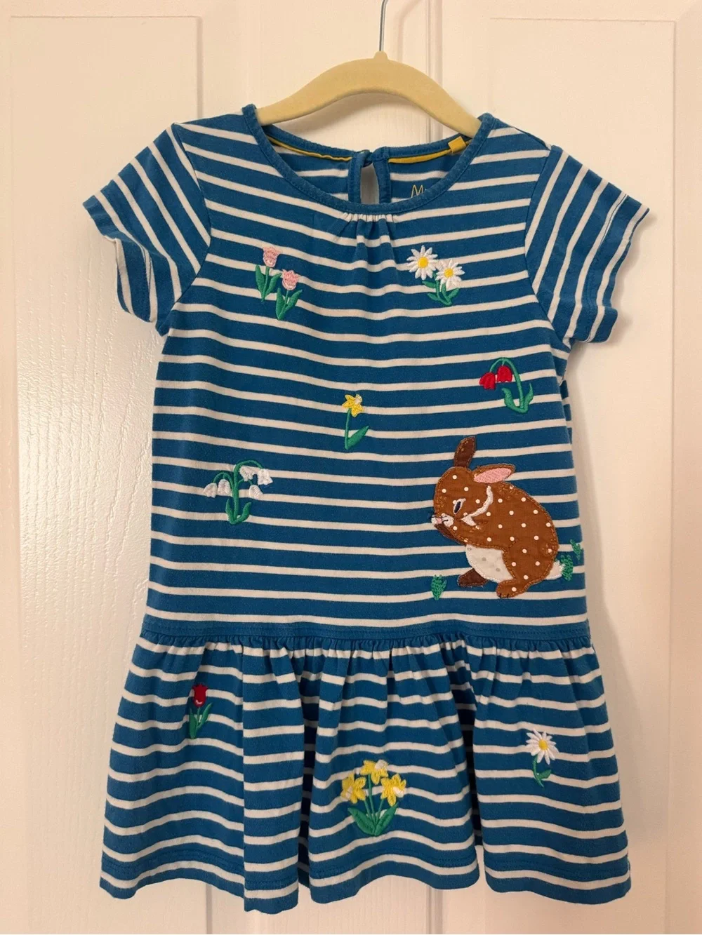 Mini Boden Blue Striped Girl's Dress with Bunny & Floral Appliqué Size 3-4T